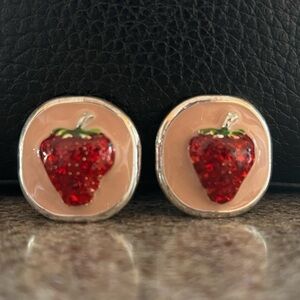 Strawberry Square Clip on Earrings Novelty Fashion 1”x1” Pink Red